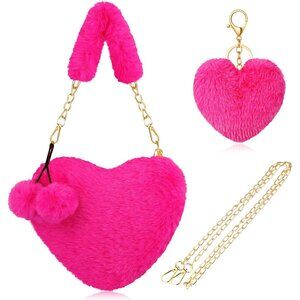 Fluffy Rose Red Heart Purse with Removable Chain Strap for Versatile Use